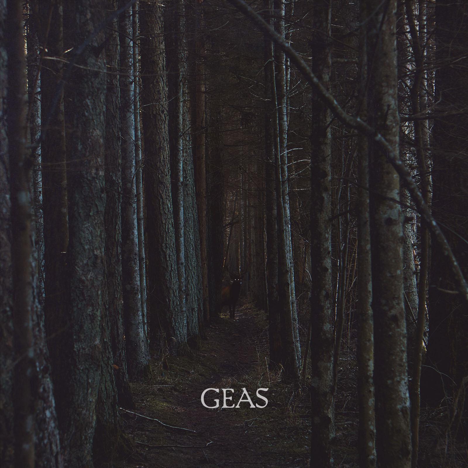 The album art for Geas. A dim and spooky forest with a foreboding deer staring at the viewer with glowing eyes and a dark figure.